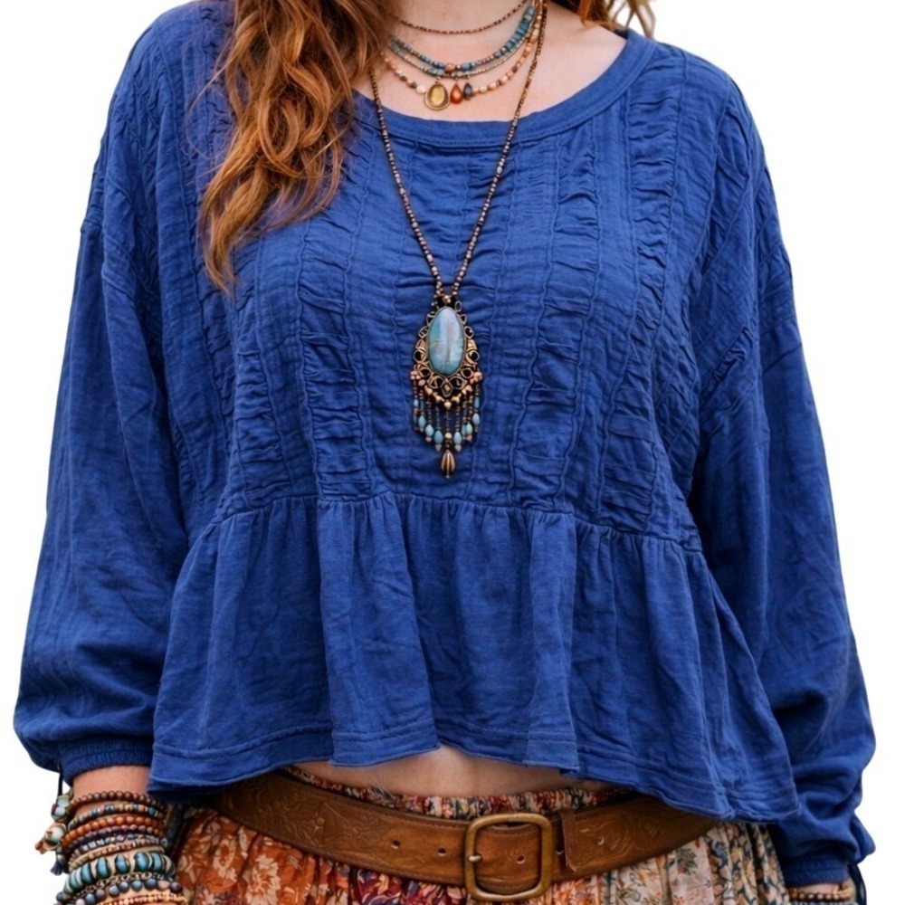 Anthropologie Pilcro XL 100% Cotton Blue Cropped Twee Babydoll Peasant Boho Top